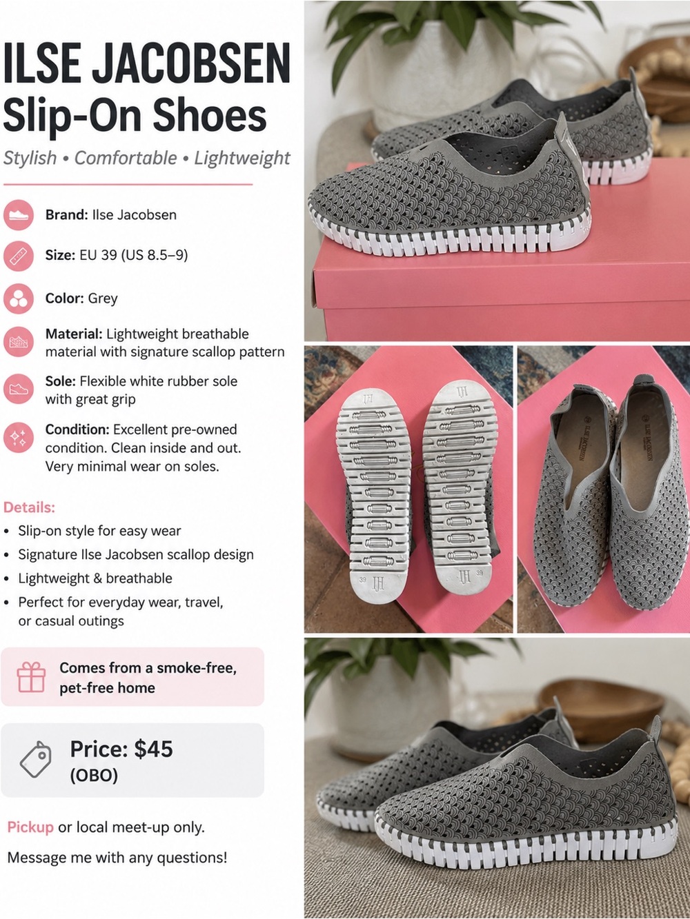 Ilse Jacobsen Grey Slip-On Scallop Knit Mules